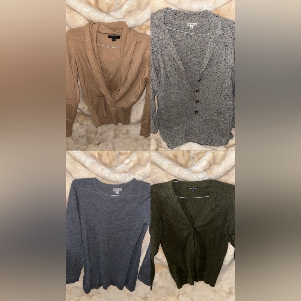 Multiples Tan, Gray, and Green Sweater Cardigan Set